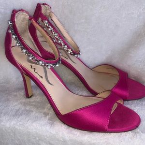 Nina Fuschia Satin Heels with Rhinestones and Pearls Size 7.5